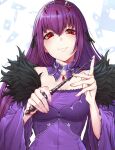 1girl bare_shoulders blush breasts cleavage detached_sleeves dress fate/grand_order fate_(series) hair_between_eyes hands_up highres holding holding_wand long_hair long_sleeves looking_at_viewer mikan_(chipstar182) purple_dress purple_hair red_eyes scathach_(fate) scathach_skadi_(fate) smile solo upper_body wand wide_sleeves 