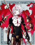  1boy armor black_bodysuit black_gloves blue_eyes bodysuit chest_jewel closed_mouth collar cowboy_shot crotch_plate ebanoniwa fate/apocrypha fate_(series) gloves grey_hair highres holding holding_polearm holding_weapon karna_(fate) looking_at_viewer male_focus medium_hair pale_skin polearm solo spiked_collar spikes standing weapon 