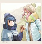  2girls beanie blue_coat blue_eyes blue_hair blue_shawl coat commentary_request dated hand_grab happy_birthday hat holding_hands horikou kagamihara_nadeshiko multicolored_clothes multicolored_scarf multiple_girls pink_hair purple_eyes scarf shawl shima_rin signature striped striped_scarf winter_clothes yurucamp 