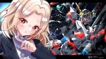  1girl :o absurdres aiming black_jacket blonde_hair blush brown_eyes collared_shirt commentary_request commission frilled_shirt frills full_armor_unicorn_gundam glowing glowing_eye green_eyes grey_shirt gun gundam gundam_unicorn highres holding holding_gun holding_weapon indie_virtual_youtuber jacket looking_at_viewer looking_to_the_side mecha missile_pod mobile_suit nt-d otomi_shia papa-kun_(destiny549-2) parted_bangs pointing pointing_to_the_side robot science_fiction shirt skeb_commission sleeveless sleeveless_shirt unicorn_gundam v-fin variant_set virtual_youtuber weapon 