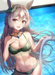  1girl animal_ears bangs bikini blurry blurry_background bracelet braid eyebrows_visible_through_hair frills hands_up highres horse_ears horse_girl jewelry lace long_hair looking_at_viewer navel open_mouth pool pool_ladder satono_diamond_(umamusume) seero sidelocks smile solo standing swimsuit thighs umamusume water wet 