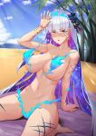  1girl absurdres bangs bare_shoulders beach blue_fire blue_hair blue_sky body_markings bracelet breasts cameltoe collarbone commentary earrings fate/grand_order fate_(series) fire flower hair_flower hair_ornament hair_ribbon highres jewelry kama_(fate) kama_(swimsuit_avenger)_(fate) large_breasts long_hair looking_at_viewer lotus multicolored_hair navel open_mouth red_eyes ribbon shaded_face silver_hair sitting sky solo star_(symbol) star_earrings thighs toro_zai two-tone_hair wariza 