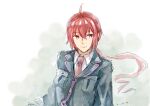  1boy ahoge blue_jacket breast_pocket commentary dated jacket kasane_ted long_hair looking_to_the_side male_focus necktie painting_(medium) pocket ponytail red_eyes red_hair red_necktie shirt sketch smile solo tamanoka traditional_media upper_body utau watercolor_(medium) white_shirt 