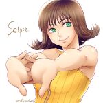  1girl breasts brown_hair character_name closed_mouth commentary_request final_fantasy final_fantasy_viii flipped_hair green_eyes hatsutori interlocked_fingers looking_at_viewer own_hands_clasped own_hands_together selphie_tilmitt short_hair simple_background smile solo white_background 