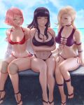  3girls bikini breasts breasts_apart cleavage haruno_sakura highres hyuuga_hinata large_breasts mcdobo medium_breasts multiple_girls naruto_(series) naruto_shippuuden o-ring o-ring_bikini purple_bikini red_bikini sandals short_hair side-tie_bikini sitting swimsuit yamanaka_ino 