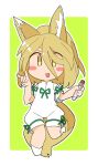  1girl animal_ears blonde_hair brown_eyes chibi corked_bottle fox_ears fox_girl fox_shadow_puppet fox_tail full_body green_ribbon highres holding holding_test_tube ini_(inunabe00) kudamaki_tsukasa mandarin_collar ribbon romper short_hair socks tail test_tube touhou white_legwear 