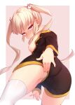  1girl ass bangs black_shorts blush breasts bunny_hair_ornament cameltoe closed_mouth donedone hair_ornament long_hair long_sleeves looking_at_viewer looking_back maplestory medium_breasts nipples orchid_(maplestory) purple_eyes shorts solo thighhighs twintails white_legwear 