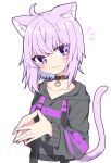  1girl :3 ahoge animal_collar animal_ear_fluff animal_ears bangs black_collar black_hoodie blush cat_ears cat_girl cat_tail closed_mouth collar collarbone commentary crossed_bangs eyebrows_visible_through_hair hololive hood hoodie long_sleeves looking_at_viewer nekomata_okayu notice_lines purple_eyes purple_hair rabiiandrain short_hair simple_background smile solo steepled_fingers tail tail_raised upper_body virtual_youtuber white_background 