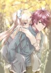  1boy 1girl autumn blonde_hair blue_eyes blush carrying hair_ribbon happy hug hug_from_behind kuroi_mimei liz_hohenstein muvluv muvluv_alternative piggyback red_hair ribbon schwarzesmarken smile sweater theodor_edelbach two_side_up 