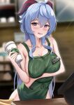  1girl absurdres ahoge apron badge banana bangs bare_shoulders barista blue_hair blurry blurry_background blush breasts cleavage collarbone commentary cup curled_horns disposable_cup duplicate english_commentary english_text food fruit ganyu_(genshin_impact) genshin_impact goat_horns green_apron hair_between_eyes highres horns iced_latte_with_breast_milk_(meme) large_breasts long_hair looking_at_viewer meme naked_apron open_mouth plate purple_eyes sidelocks skai_kun smile solo sweatdrop 