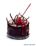  cake chocolate dated fate/stay_night fate_(series) food food_focus fruit gae_bolg_(fate) no_humans ruuto_(ruto3) simple_background still_life strawberry strawberry_syrup sweets twitter_username white_background 