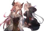  2girls azusa_(granblue_fantasy) bangs black_sleeves breasts commentary_request detached_sleeves draph eyebrows_visible_through_hair granblue_fantasy grey_hair hair_over_one_eye hood hood_down horns japanese_clothes kimono long_hair long_sleeves looking_at_viewer medium_breasts multiple_girls narmaya_(granblue_fantasy) pink_hair pointy_ears simple_background sitting sleeves_past_wrists tota_(sizukurubiks) very_long_hair white_background white_kimono wide_sleeves 