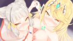  1boy 2girls animal_ears asymmetrical_docking blonde_hair blush breast_press breasts cat_ears censored chest_jewel cleavage ffm_threesome flat_chest from_above group_sex hetero highres holding_hands interlocked_fingers konowa_(pixiv30906526) large_breasts long_hair looking_at_viewer mosaic_censoring multiple_girls multiple_paizuri mythra_(xenoblade) naizuri nia_(xenoblade) nipples nose_blush paizuri penis short_hair silver_hair spoilers threesome tiara xenoblade_chronicles_(series) xenoblade_chronicles_2 yellow_eyes 