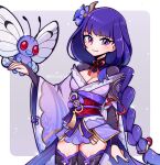  1girl arm_up border breasts bug butterfly butterfree cleavage closed_mouth commentary crossover english_commentary flower genshin_impact hair_flower hair_ornament hand_up highres japanese_clothes kimono long_hair obi obijime outside_border pokemon pokemon_(creature) purple_eyes purple_flower purple_hair raiden_shogun sash smile standing touyarokii twitter_username watermark white_border 