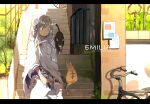  1girl bangsutur bicycle black_cat cape cat emilia_(re:zero) flower ground_vehicle hair_flower hair_ornament highres plant purple_eyes re:zero_kara_hajimeru_isekai_seikatsu rose shading silver_hair sitting sitting_on_stairs smile solo stairs white_flower white_rose yellow_cat 