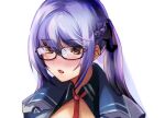  1girl :o azur_lane blush braid brown_eyes commentary_request eichi essex_(azur_lane) eyebrows_visible_through_hair french_braid glasses hair_ribbon hands_on_own_chest long_hair looking_down necktie open_mouth purple_hair red_necktie ribbon solo_focus twintails uniform upper_body white_background 