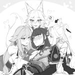  4girls @_@ bangs bare_shoulders breasts chinese_clothes cleavage genshin_impact greyscale hair_ornament hand_under_clothes highres hinagi_(fox_priest) japanese_clothes kimono kitsune_saiguu long_hair mole mole_under_eye monochrome multiple_girls ningguang_(genshin_impact) parted_bangs raiden_shogun sweat very_long_hair yae_(genshin_impact) yuri 