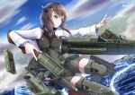  1girl bike_shorts brown_eyes brown_hair crossbow day flat_chest hachiware_(8ware63) headband headgear holding holding_crossbow holding_weapon kantai_collection long_sleeves ocean outdoors rigging smokestack solo taihou_(kancolle) weapon 