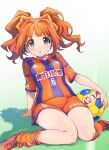  1girl :o albirex_niigata ball bangs blue_eyes cleats eyebrows_visible_through_hair grass highres holding holding_ball idolmaster idolmaster_(classic) inoue_sora j._league jersey open_mouth orange_footwear orange_hair orange_shorts revision shadow shorts signature sitting soccer_ball soccer_uniform solo sportswear striped takatsuki_yayoi twintails 