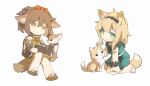  1girl animal animal_ears arknights black_bow black_hairband blonde_hair blue_bow book bow brown_dress brown_eyes brown_footwear brown_hair brown_jacket chibi dog dog_ears dog_girl dog_tail dress fennec_fox full_body green_dress green_eyes hair_between_eyes hair_bow hairband jacket kneeling long_hair official_alternate_costume open_book open_clothes open_jacket orange_bow pajamas perfumer_(arknights) perfumer_(leisurely_afternoon)_(arknights) petting podenco_(arknights) podenco_(wake_up_from_a_nap)_(arknights) ponytail reading simple_background slippers solo tail white_background white_footwear zhizhangsiyin 