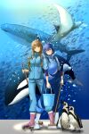  2girls apron aquarium bird blue_hair blue_pants blue_shirt boots broom brown_hair bubble bucket commentary_request crab dolphin fujish highres holding holding_broom holding_bucket manta_ray misakino_kukuru miyazawa_fuuka multiple_girls orca pants penguin pink_footwear rubber_boots shark shiroi_suna_no_aquatope shirt short_hair standing whale_shark 