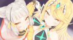  2girls animal_ears asymmetrical_docking blonde_hair blush breast_press breasts cat_ears chest_jewel cleavage flat_chest from_above highres holding_hands interlocked_fingers konowa_(pixiv30906526) large_breasts long_hair looking_at_viewer multiple_girls mythra_(xenoblade) nia_(xenoblade) short_hair silver_hair spoilers tiara xenoblade_chronicles_(series) xenoblade_chronicles_2 yellow_eyes 