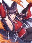  1girl animal_ears backless_outfit bell commentary_request detached_sleeves erune fang fox_ears fox_shadow_puppet fox_tail fur_trim granblue_fantasy hair_bell hair_ornament highres japanese_clothes jingle_bell kimono red_eyes red_kimono solo tail umiboozu_(uminoyoukai) yuel_(granblue_fantasy) 