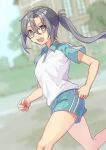  1girl alternate_costume amagiri_(kancolle) asymmetrical_bangs bangs blue_shorts blurry blurry_background commentary_request commission cowboy_shot dutch_angle glasses grey-framed_eyewear grey_eyes grey_hair hair_between_eyes kantai_collection long_hair looking_at_viewer mitsuyo_(mituyo324) ponytail raglan_sleeves running shirt shorts smile solo tsurime very_long_hair white_shirt 