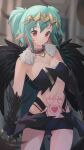  1girl bangs bare_shoulders black_feathers black_wings breasts claws cleavage collar commentary_request commission eyebrows_visible_through_hair feathered_wings feathers green_hair harpy highres indie_virtual_youtuber lincoro medium_breasts monster_girl parted_lips pointy_ears pubic_tattoo red_eyes short_hair short_shorts short_twintails shorts skeb_commission solo stomach_tattoo tattoo tiara tissuebox_(artist) twintails underboob virtual_youtuber wings 