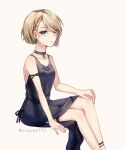  1girl aqua_eyes aryuma772 bare_arms bare_shoulders black_dress blonde_hair braid breasts choker collarbone crossed_legs dress earrings expressionless formal french_braid hair_over_one_eye hand_on_own_knee highres jewelry kagamine_rin looking_at_viewer serious short_hair sitting small_breasts solo twitter_username vocaloid white_background 