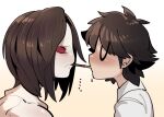  1boy 1girl blush brown_hair chaldea_uniform closed_eyes commentary_request facing_another fate/grand_order fate_(series) food fujimaru_ritsuka_(male) lamia_(fate) monster_girl no_pupils pocky_day red_eyes shirt short_hair sido_(slipknot) u_u uniform upper_body white_shirt 