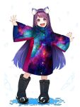  1girl :d animal_ear_fluff animal_ears black_footwear brown_hair coat fake_animal_ears fingernails full_body hairband highres long_hair long_sleeves looking_at_viewer mikan_(chipstar182) nail_polish open_mouth original outstretched_arms pigeon-toed purple_eyes red_nails smile solo space_print spread_arms standing starry_sky_print 