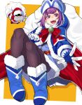  1girl :d blue_dress blue_footwear blue_gloves blush boots border brown_legwear cape dot_nose dress fate/grand_order fate_(series) fur-trimmed_boots fur_trim gloves hat helena_blavatsky_(fate) highres holding holding_sack hood hood_up looking_at_viewer mikan_(chipstar182) nose_blush open_mouth pantyhose purple_eyes purple_hair red_cape sack simple_background smile solo white_border yellow_background 