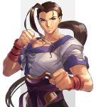  1boy a_(user_vtsy8742) black_hair clenched_hand closed_mouth fei_fong_wong fighting_stance highres long_hair male_focus ponytail single_hair_intake smile solo upper_body white_background xenogears 