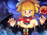  1girl bare_shoulders between_breasts blonde_hair blush bow bowtie breasts detached_sleeves disgaea eyebrows_visible_through_hair hairband large_breasts makai_senki_disgaea_2 nail_polish nose_blush optionaltypo pointy_ears purple_nails red_bow red_bowtie red_eyes rozalin sexually_suggestive surprised tink_(disgaea) upper_body v-shaped_eyebrows 