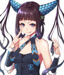  1girl :p bare_shoulders breasts brown_hair bun_cover fate/grand_order fate_(series) fur_trim hair_horns hands_up index_finger_raised long_hair looking_at_viewer mikan_(chipstar182) purple_eyes simple_background small_breasts smile solo tongue tongue_out twintails upper_body white_background wristband yang_guifei_(fate) 