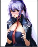  1girl :o azur_lane blush braid breasts brown_eyes commentary_request eichi essex_(azur_lane) eyebrows_visible_through_hair french_braid hair_ribbon hands_on_own_chest highres large_breasts long_hair looking_down necktie open_mouth purple_hair red_necktie ribbon solo twintails uniform upper_body white_background 