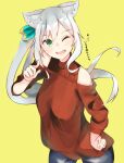  1girl ;d animal_ear_fluff animal_ears bangs blue_legwear bow breasts brown_sweater cat_ears eyebrows_visible_through_hair green_bow green_eyes grey_hair hair_between_eyes hair_bow hair_ornament hand_on_hip hand_up highres hizuki_miu long_hair looking_at_viewer off_shoulder one_eye_closed open_mouth pointing pointing_at_viewer side_ponytail sithe smile solo standing sweater turtleneck turtleneck_sweater virtual_youtuber wactor_production white_hair yellow_background 