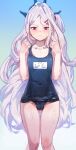  1girl black_swimsuit blue_archive blush bow_(bhp) cameltoe closed_mouth collarbone commentary covered_navel feet_out_of_frame gradient gradient_background highres hina_(blue_archive) horns long_hair looking_at_viewer one-piece_swimsuit purple_eyes school_swimsuit solo standing swimsuit very_long_hair wet white_hair 