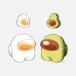  among_us avocado commentary crewmate_(among_us) food full_body green_(among_us) grey_background hardboiled_egg highres shiny signature simple_background space_helmet spacesuit standing symbol-only_commentary tenmiyakiyo white_(among_us) 