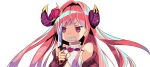  1girl angry bangs bat_wings beige_sweater blood blood_on_knife blood_writing clenched_teeth demon_girl demon_horns dohna_dohna_issho_ni_warui_koto_o_shiyou eyebrows_visible_through_hair floating_hair flower frown furious glaring gradient_hair hair_flower hair_ornament highres holding holding_knife horns jacket knife kurari_rose long_hair multicolored_hair off-shoulder_sweater off_shoulder pink_hair purple_eyes purple_hair purple_jacket ribbed_sweater rose shaded_face solid_eyes solo sweater teeth turtleneck turtleneck_sweater wactor_production wings xiami333 