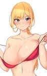  1girl absurdres alice_gear_aegis bangs bare_shoulders bikini blonde_hair blue_eyes blush bouhatei_(t-back) breasts cleavage closed_mouth collarbone eyebrows_visible_through_hair fingernails highres large_breasts long_hair looking_at_viewer navel red_bikini rita_henschel simple_background solo strap_pull swimsuit upper_body 
