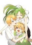  1boy 2girls bangs black_hairband black_skirt blonde_hair blush brother_and_sister closed_eyes collared_shirt commentary_request dress eyebrows_visible_through_hair green_dress green_hair hairband highres higurashi_no_naku_koro_ni houjou_satoko houjou_satoshi jumping long_hair multiple_girls one_eye_closed open_mouth red_eyes shirt short_hair shosudo siblings simple_background skirt smile sonozaki_shion white_background white_shirt 