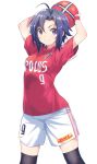  1girl antenna_hair arms_up ball black_hair blush commentary_request highres idolmaster idolmaster_(classic) inoue_sora j._league kikuchi_makoto looking_at_viewer nike purple_eyes revision short_hair shorts signature simple_background smile soccer soccer_ball soccer_uniform solo sportswear thighhighs urawa_red_diamonds white_background white_shorts 