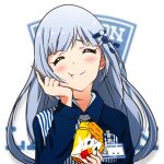  1girl akizuki_ritchan blush chicken_nuggets closed_eyes closed_mouth commentary_request eating employee_uniform hair_ornament hand_on_own_cheek hand_on_own_face happy highres id_card idolmaster idolmaster_million_live! lawson light_blue_hair long_hair long_sleeves shiraishi_tsumugi shirt smile solo striped striped_shirt toothpick uniform upper_body vertical-striped_shirt vertical_stripes very_long_hair white_background 