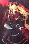  1girl bangs bat_wings black_dress black_umbrella blazblue blonde_hair blunt_bangs bow commentary_request covered_mouth cross dress frills hair_ribbon high_collar highres long_hair nadiaz nago rachel_alucard red_bow red_eyes ribbon twintails umbrella vampire very_long_hair wide_sleeves wings 