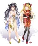  2girls akatsuki_hijiri bangs bare_shoulders blonde_hair blush breasts brown_hair china_dress chinese_clothes collarbone commentary dress earrings ereshkigal_(fate) eyebrows_visible_through_hair fate/grand_order fate_(series) full_body gloves high_heels hoop_earrings ishtar_(fate) jewelry long_hair looking_at_viewer medium_breasts multiple_girls open_mouth parted_bangs red_dress red_eyes smile tiara two_side_up white_dress 