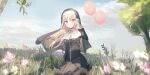  1girl :d absurdres balloon bangs black_dress blue_sky blush breasts brown_eyes brown_hair chihuri cloud commentary day dress eyebrows_visible_through_hair floating_hair flower gloves habit hand_up highres long_hair long_sleeves looking_at_viewer medium_breasts nijisanji nun on_grass open_mouth outdoors pink_flower seiza sister_cleaire sitting sky smile solo veil very_long_hair virtual_youtuber white_gloves 