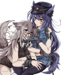  2girls animal_ear_fluff animal_ears arknights bangs bare_legs black_gloves black_legwear black_necktie black_scarf black_shorts blue_hair blue_headwear blue_shorts blue_vest blush commentary cropped_vest cuffs eyebrows_visible_through_hair fang feather_trim feet_out_of_frame gloves grey_eyes grey_hair hair_ornament hairclip hand_on_another&#039;s_chin handcuffs hands_on_another&#039;s_leg happy hat highres lappland_(arknights) long_hair midriff mirui multiple_girls muzzle necktie one_eye_closed open_mouth pantyhose police police_hat police_uniform scar scar_across_eye scarf shackles shorts simple_background sleeveless smile striped striped_scarf tail texas_(arknights) unhappy uniform vest white_background white_scarf wolf_ears wolf_girl wolf_tail yellow_eyes yuri 