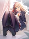  1girl antenna_hair armchair bangs black_jacket black_legwear black_skirt blazer blonde_hair blue_eyes blurry blurry_background cellphone chair collared_shirt commentary_request curtains depth_of_field eyebrows_visible_through_hair feet full_body grey_sweater gridman_universe hands_up highres holding holding_phone jacket long_hair looking_at_viewer minami_yume no_shoes on_chair open_clothes open_jacket pantyhose parted_lips phone pleated_skirt ririko_(zhuoyandesailaer) shirt skirt sleeves_past_wrists soles solo ssss.dynazenon sweater w white_shirt 